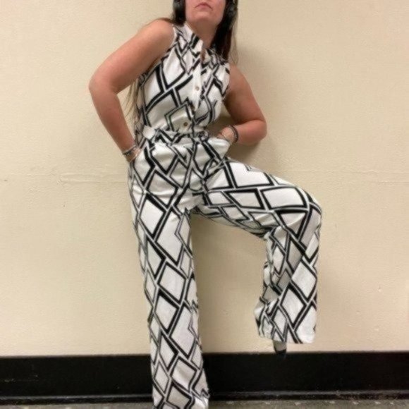 PRICE FIRM Vintage Black White Printed Jumpsuit | Size S/M - Picture 4 of 14